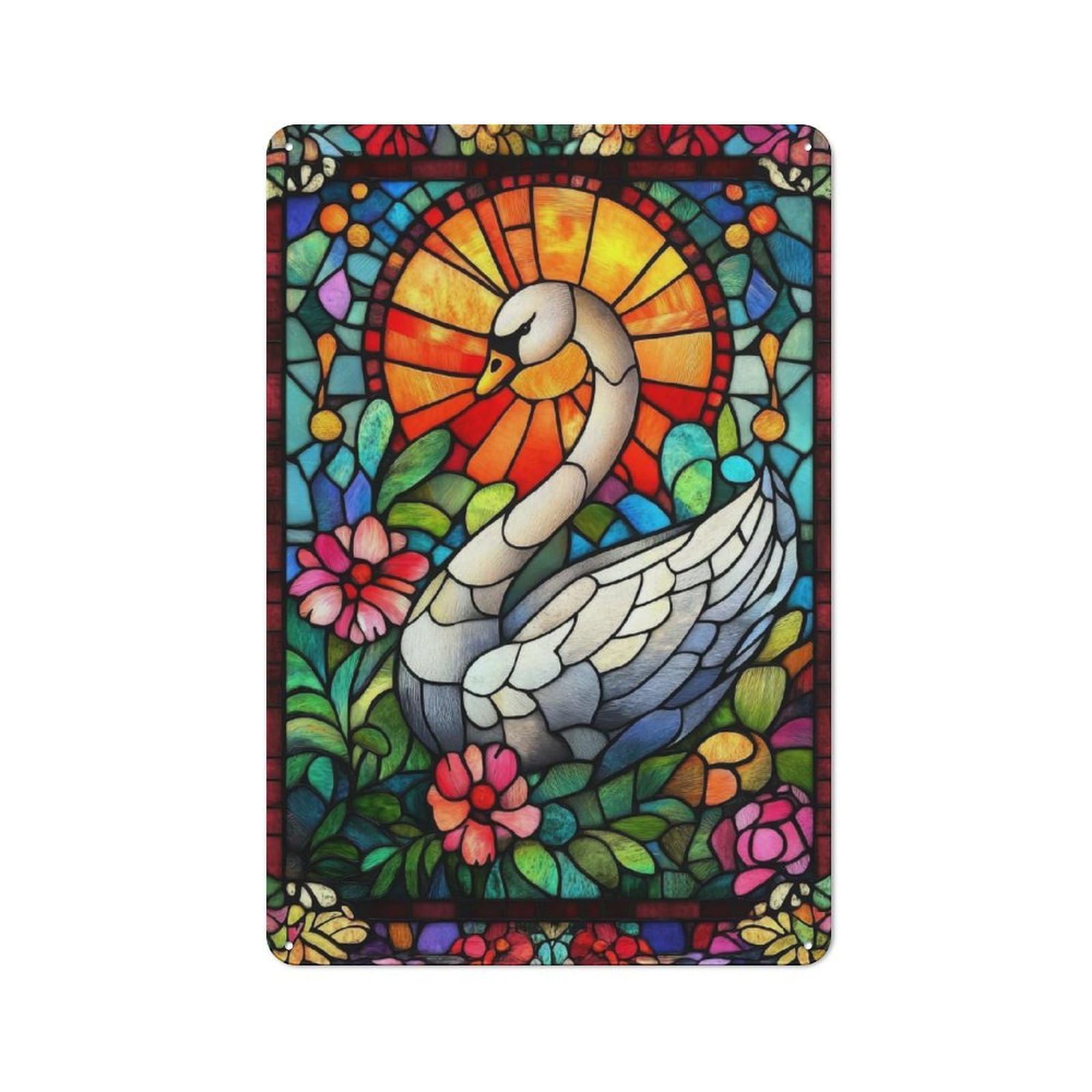 Junmoney Stained Glass Swan Metal Plaque 30X20cm With For Hallway Wall, Rustic Decor, For Garage, Workshop And Man Cave Decoration