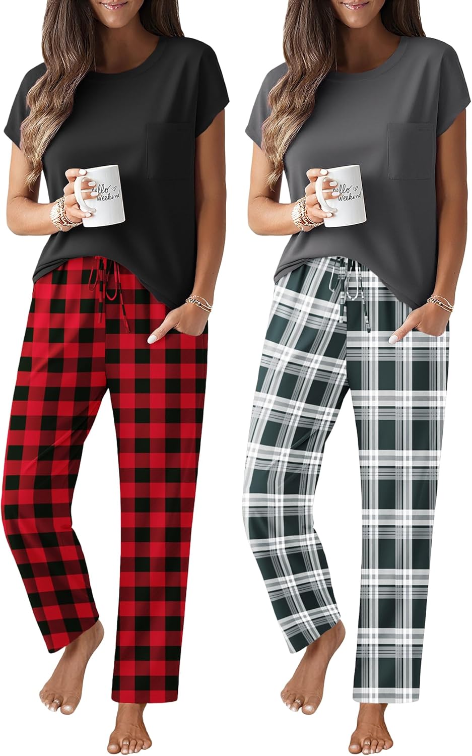 Ekouaer 2 Packs Pajamas for Women Set Cap Sleeve Top and Pants Soft Sleepwear Comfy Pjs Set with Pockets Lounge Set