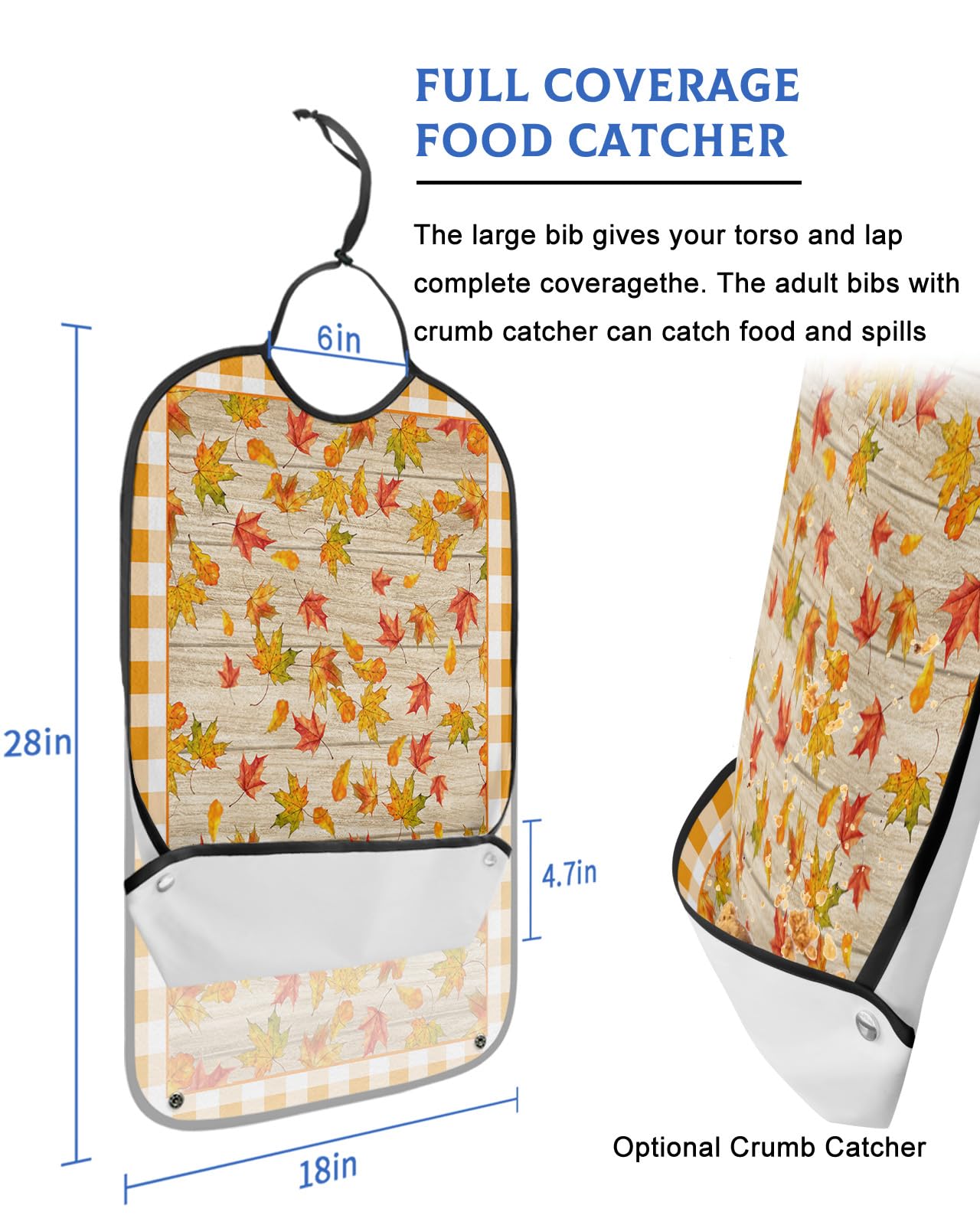 Vintage Leaves Adult Bib for Eating with Crumb Catcher,Washable & Waterproof Terry Cloth Adjustable Elderly Women Men Adult Bibs Funny Clothing Protector Orange Fall Autumn Maple Wood Grain Plaid