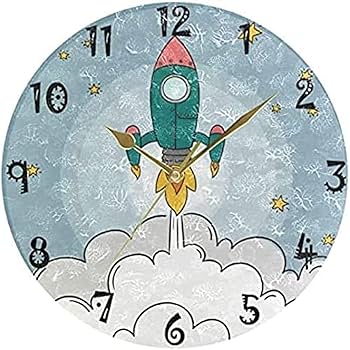 Amazon.co.jp: 壁掛け時計ロケット宇宙船漫画円形壁掛け時計丸板