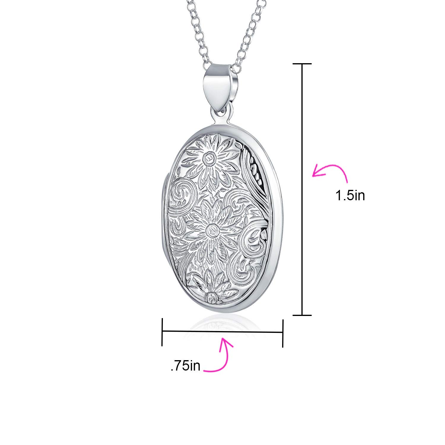 Bling Jewelry Ciondolo Collana Portafoto Personalizzabile In Argento Sterling .925 Stile Vintage Ossidato Con Motivo A Rilievo Di Girasole Floreale Per Donne Design Rotondo Ovale