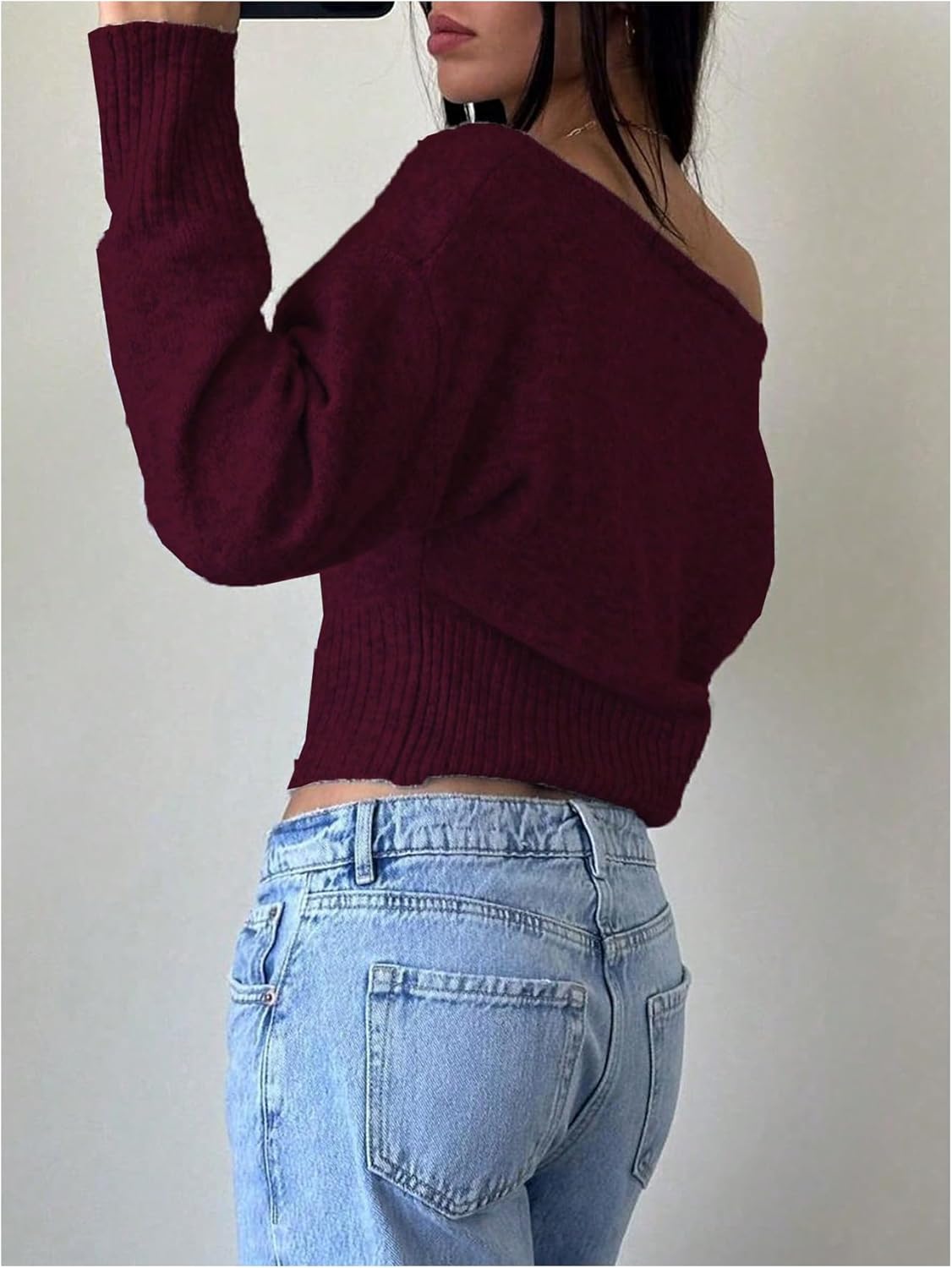 MakeMeChic Women's Cropped Sweaters Long Sleeve Off The Shoulder Sweater Y2k Going Out Tops - Image 3