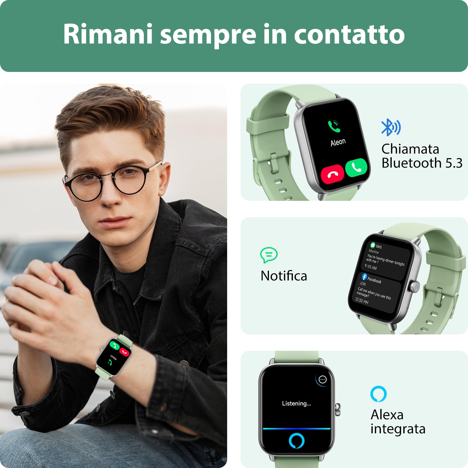 Tensky Smartwatch Uomo Donna Rispondi/Effettua Chiamate, 1.8" Orologio Alexa Integrata, SpO2/Frequenza Cardiaca/Sonno/Stress, 100 Modalità Sport, IP68 Smart Watch per Android/iOS Verde