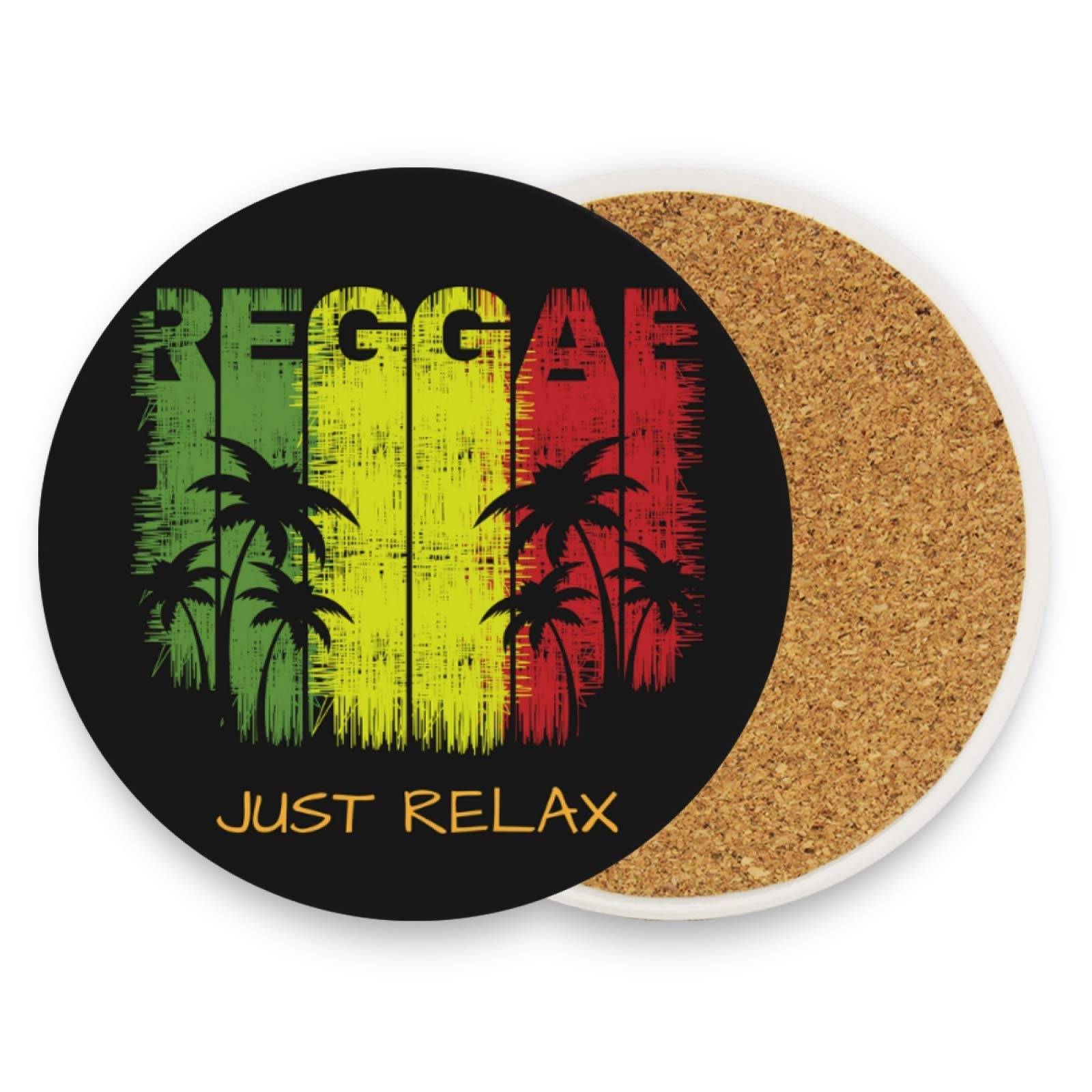 Relax Reggae Music Grounge Palm Trees On Black Set of 4 Ceramic Coaster for Drinks, Stone Coasters Holder with Cork Base, Oversize Cup Mat Pad for Kinds of Mugs, Housewarming Gifts