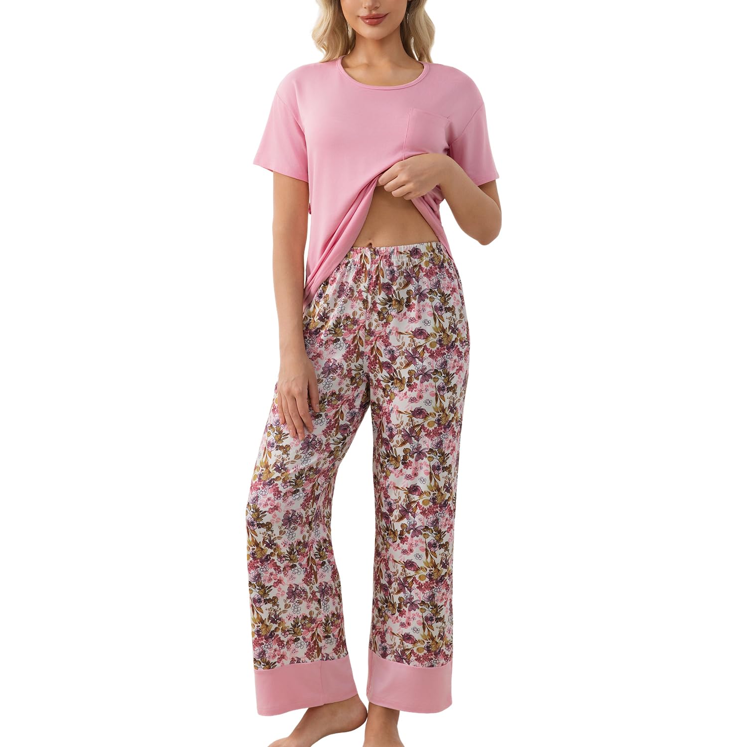 PNAEONG Womens Pajama Set Soft Comfy Short Sleeve Top and Printed Long Pants Lounge Sleepwear Pajamas with Pockets