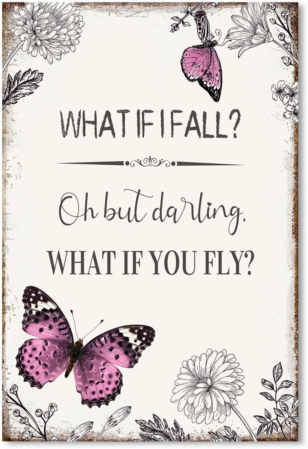 Inspirational Quote Canvas Wall Art : Pink Butterfly Picture Motivational Framed Poster, What if I Fall Positive Sign for Teen Girl Bedroom 10″ x 15″