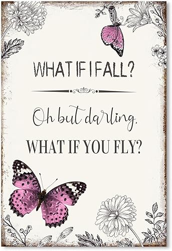 Miniatura 10 de YPY Lienzo con cita inspiradora para la pared póster enmarcado motivacional con diseño de mariposa morada, letrero con texto en inglés "What if I