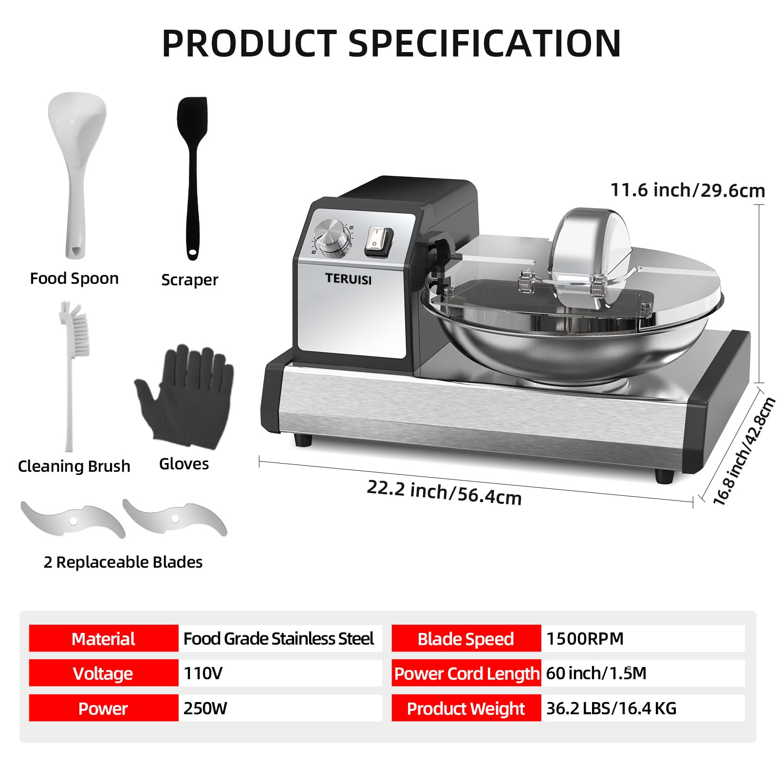 Procesador de alimentos comercial, picadoras de carne eléctricas de alta resistencia de 250 W con velocidad de cuchilla de 1500 RPM, cuenco de alimentos de acero inoxidable de 6 cuartos y 7