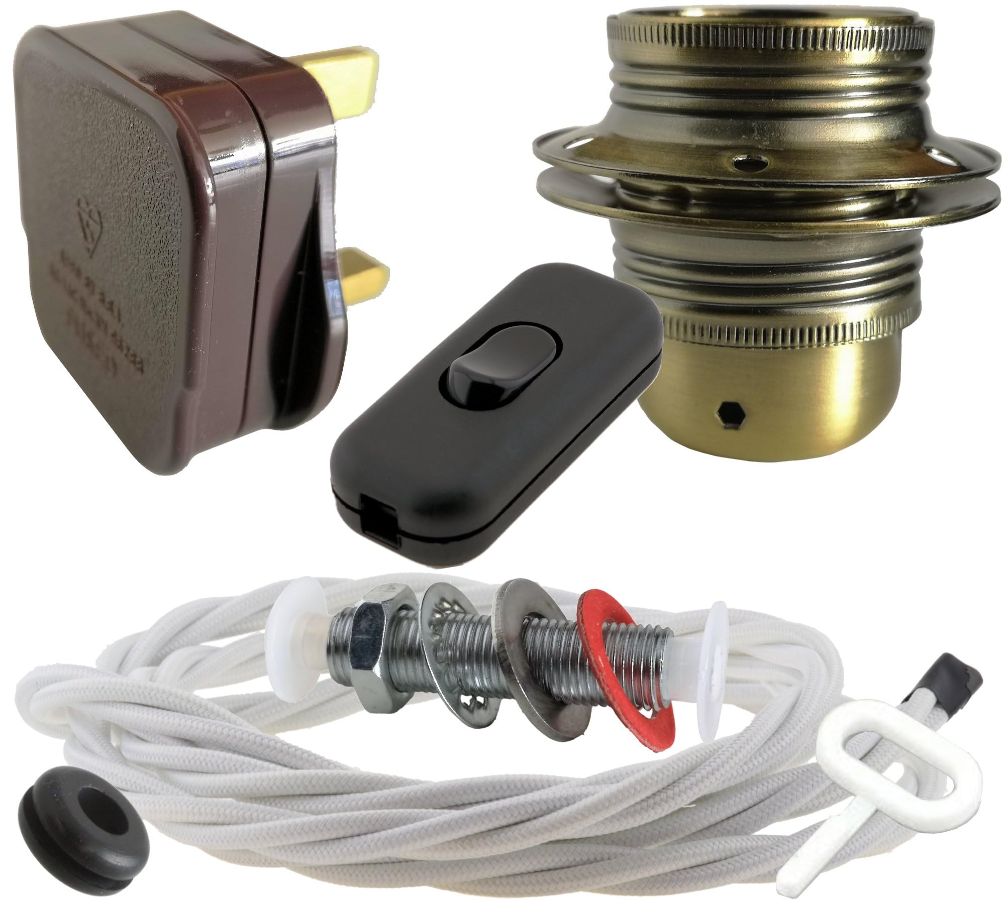 Art Deco Emporium Lamp Repair and Service Kit|Brown Plug|White Flex|Black Switch|E27 Antique Brass Finish Lamp Holder Holder — image 1