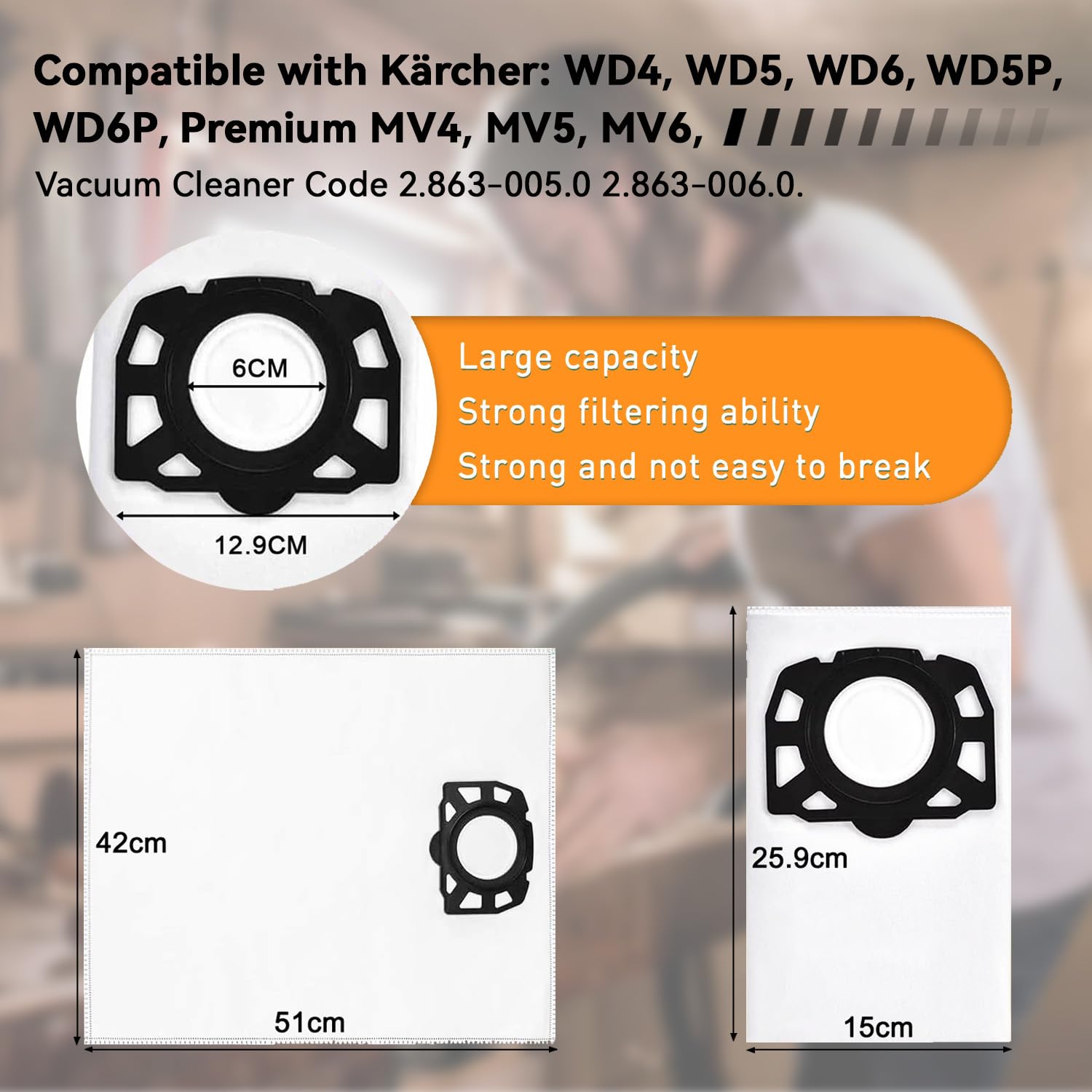 Worki do odkurzacza i filtr HEPA zestaw do Kärcher WD4 WD5 WD6 MV4 MV5 MV6 WD5P WD6P WD6P – kompatybilny z Kärcher KFI 487, KFI 4410 akcesoria do odkurzacza na mokro i sucho (8 worków + 2 filtry HEPA)