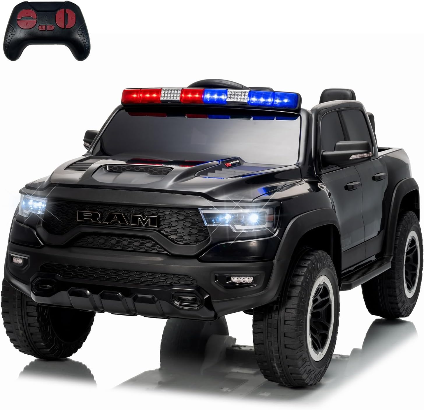 Ride On Car, Licensed RAM 12V Kids Ride On Police Car with Remote Control, Electric Pickup Truck for Toddlers, 3 Speeds, Spring Suspension, LED Lights & Parent Safety Lock
