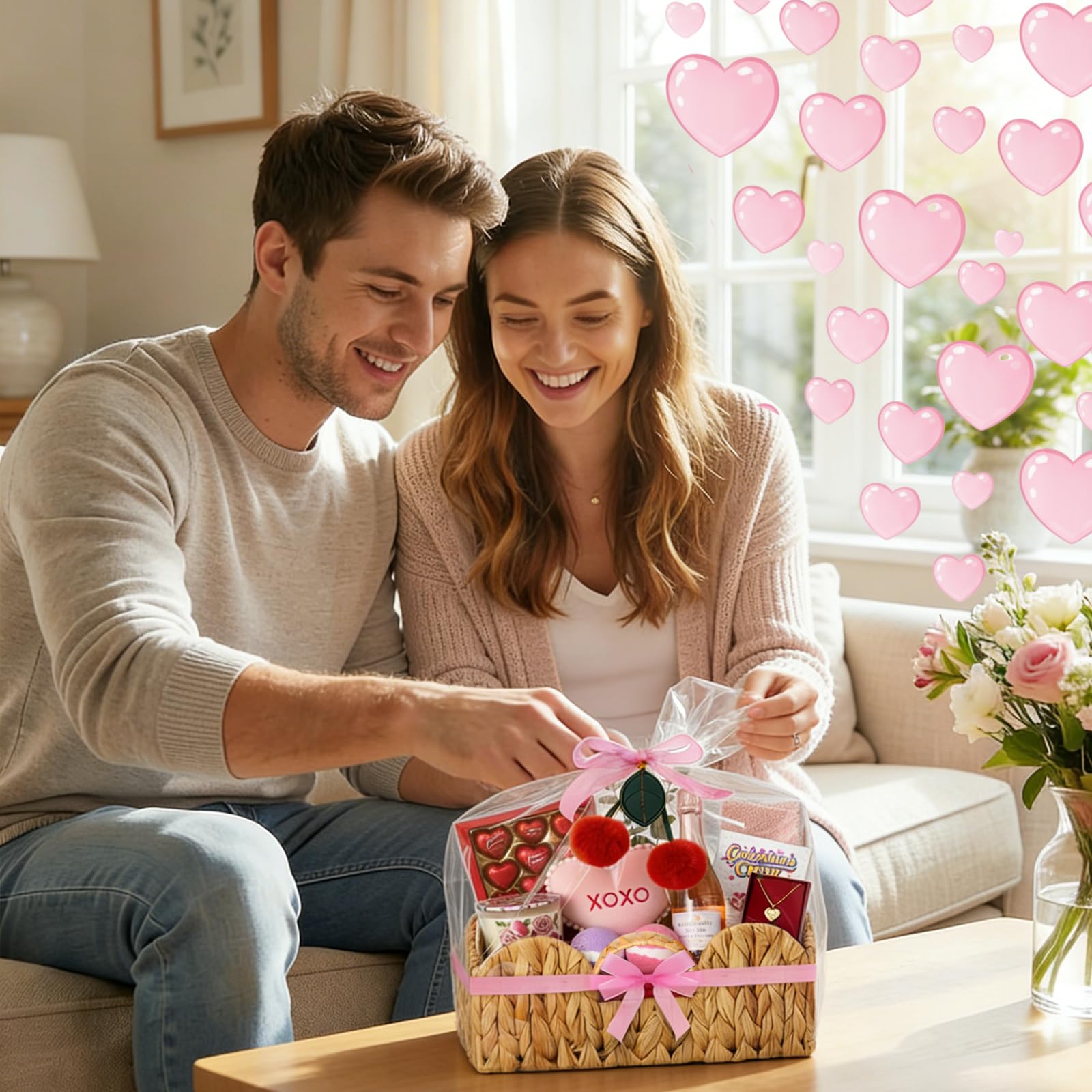 FoldTier 5 piccoli cesti regalo vuoti in tessuto con sacchetti regalo e nastri, ciondolo in rafia a forma di ciliegia, 28 x 28 x 13 cm, cestino portaoggetti per San Valentino, galentino, compleanno