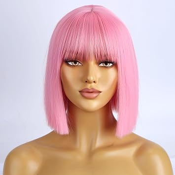 Pink Wigs for Women Girls Short Straight Pink Bob Wig with Bangs Heat Resistant Synthetic Wigs for Cosplay Costume Party