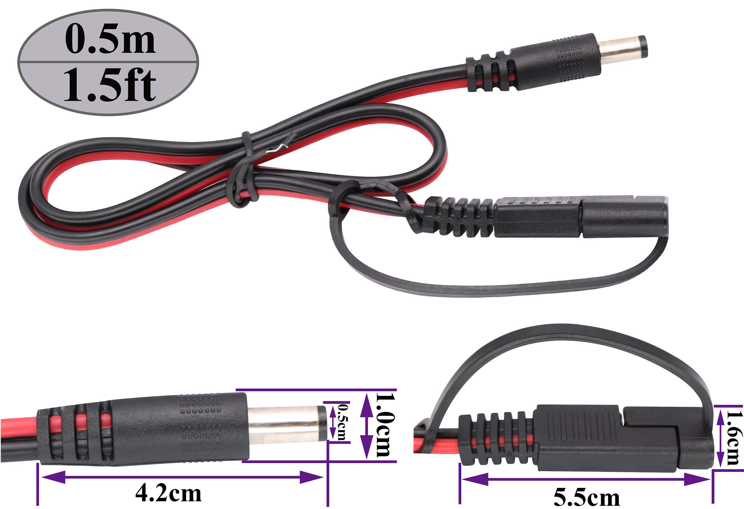 CC a SAE Cavo Spina SAE a CC 5,5 mm x 2,1 mm Adattatori Maschio Cavi per Pannelli Fotovoltaici per Autoveicoli Pannelli Batteria Solare Cavi di Collegamento(0,5M/1,5 Piedi-2 Pezzi)
