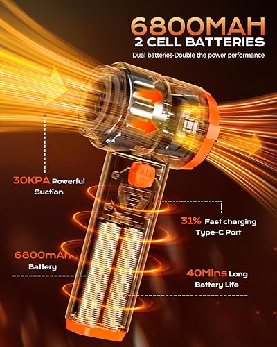 Miniatura 4 de Aspiradora portátil inalámbrica para automóvil, aspiradora de mano inalámbrica con succión de 30000 PA, 130000 RPM, batería de 6800 mAh, 10