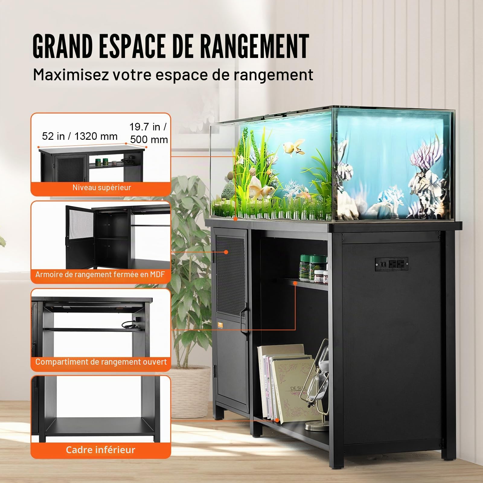 VEVOR Support pour Aquarium Charge 284 kg, Meuble pour Aquarium Aquariophilie 132x50x82 cm, en Acier et MDF, Support pour Réservoir de Reptiles avec Armoire de Rangement et Prise Électrique Intégrée