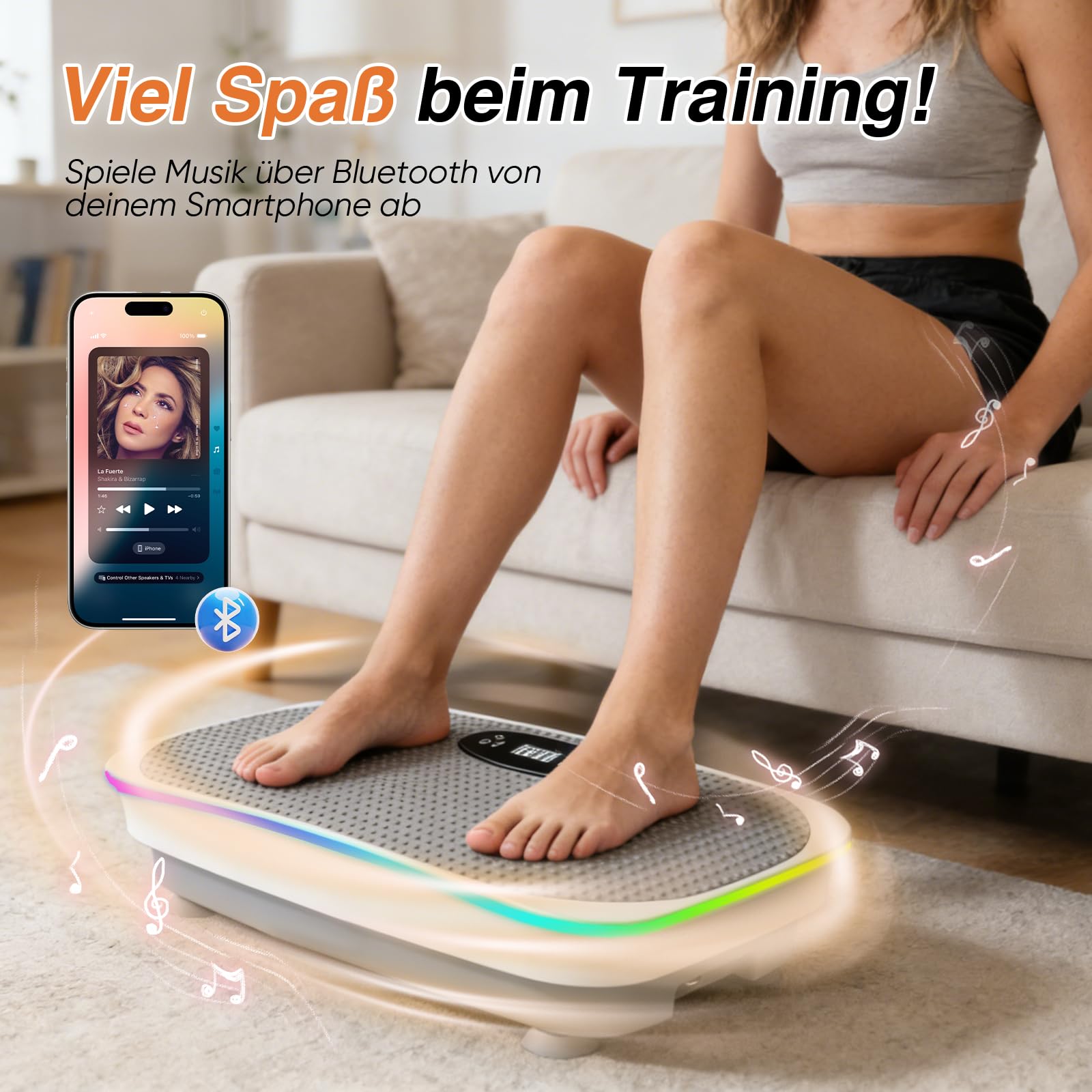 Vibrationsplatte, Rüttelplatte Sport für Zuhause, 120 Leistungsstarke einstellbare Geschwindigkeiten,Coolen Lichtern, bis 350LBS, Bluetooth & Fernbedienung, 4 Widerstandsbändern, für Home Workout