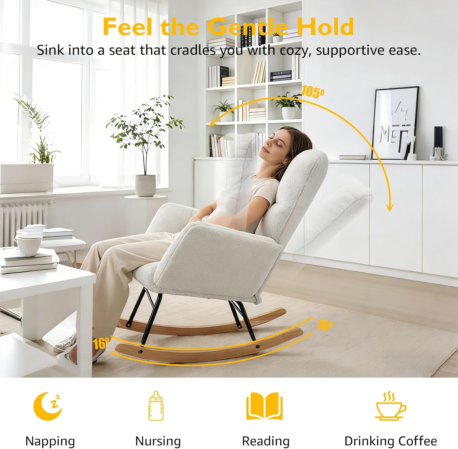 Teddy Glider Rocker Chair, Upholstered Rocking Chair for Nursery, Accent Chair with Headrest/Side Pocket, Comfy Baby Rocker Armchair & Adult Rocking Chair (Teddy, White Without Headrest, Single)