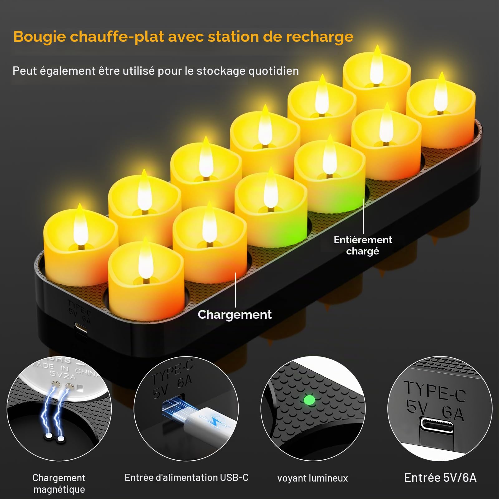 Bougies LED rechargeables 12 pièces, bougies chauffe-plat LED avec socle de recharge magnétique, télécommande et minuterie, bougies sans flamme adaptées à Halloween, Noël et à la décoration intérieure