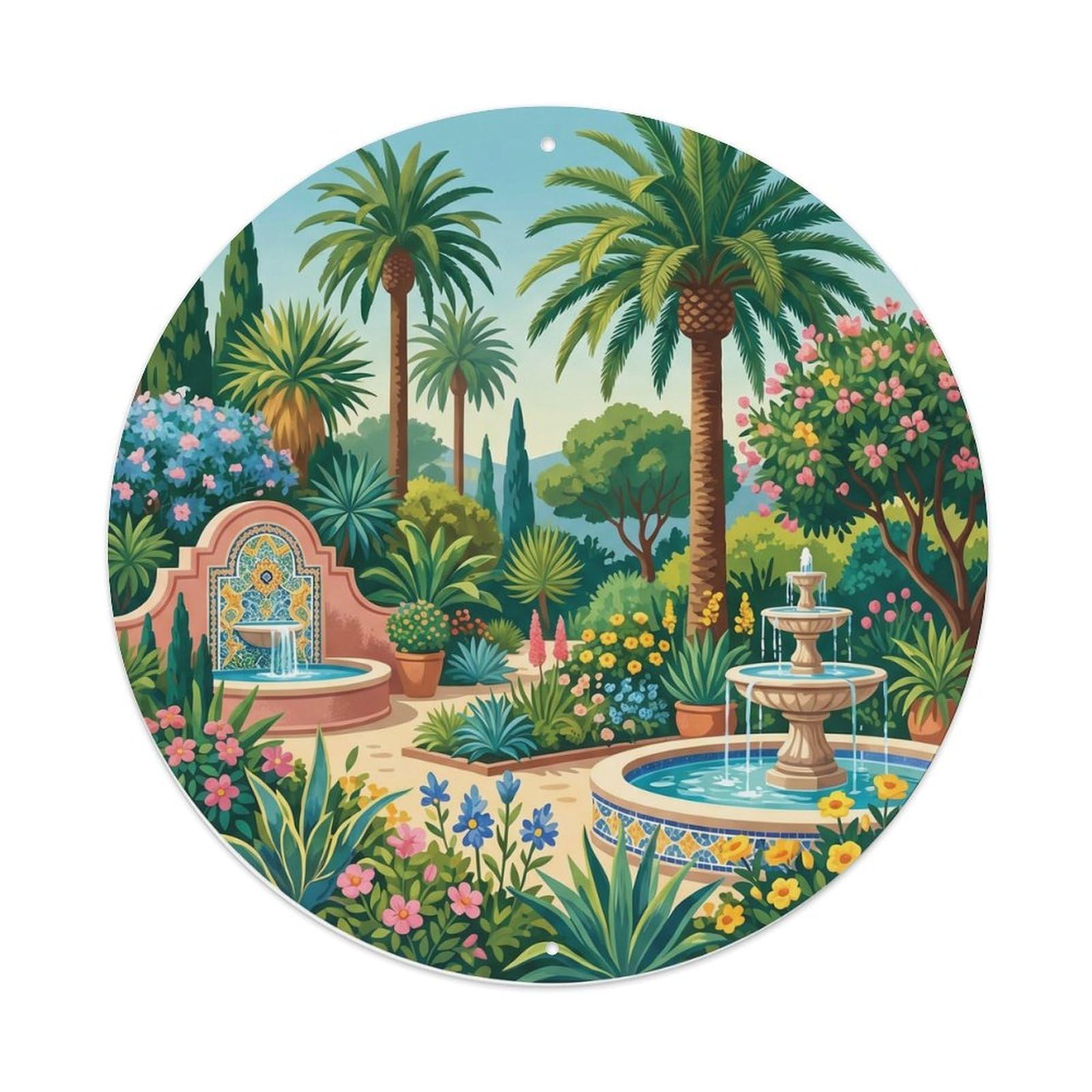 Barcelona Catalan Garden Destination Scenery Paradise Metal Tin Sign Plaque Wall Decor for Cafe, Man Cave, Club Bar, Office, Home Garden Round Metal Poster 8x8Inch
