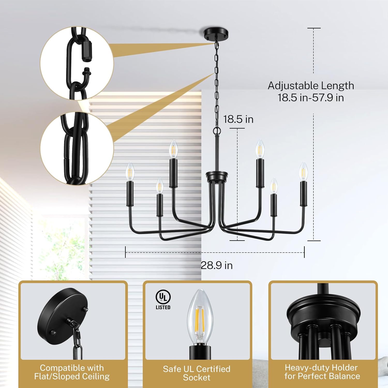 Black Chandelier, 6 Light Farmhouse Chandelier for Dining Room Light Fixture, Pre-assembled Dining Room Chandelier with Adjustable Metal Chain, for Dining Table/Kitchen/Office/ Living Room/Bedroom