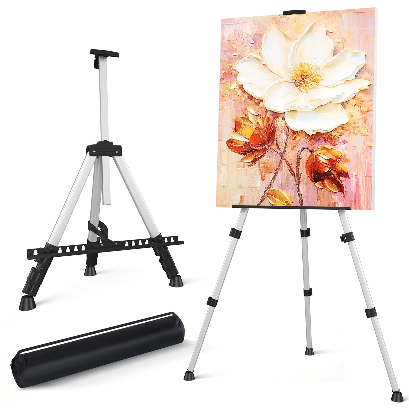 Art Easel Stand for Painting or Sign, Portable Adjustable 66 inches Display Tripod Artist Floor Aluminum Metal Easel with 1 Bag for Table-top/Floor Drawing, Sturdy for Canvases Displaying - Silver
