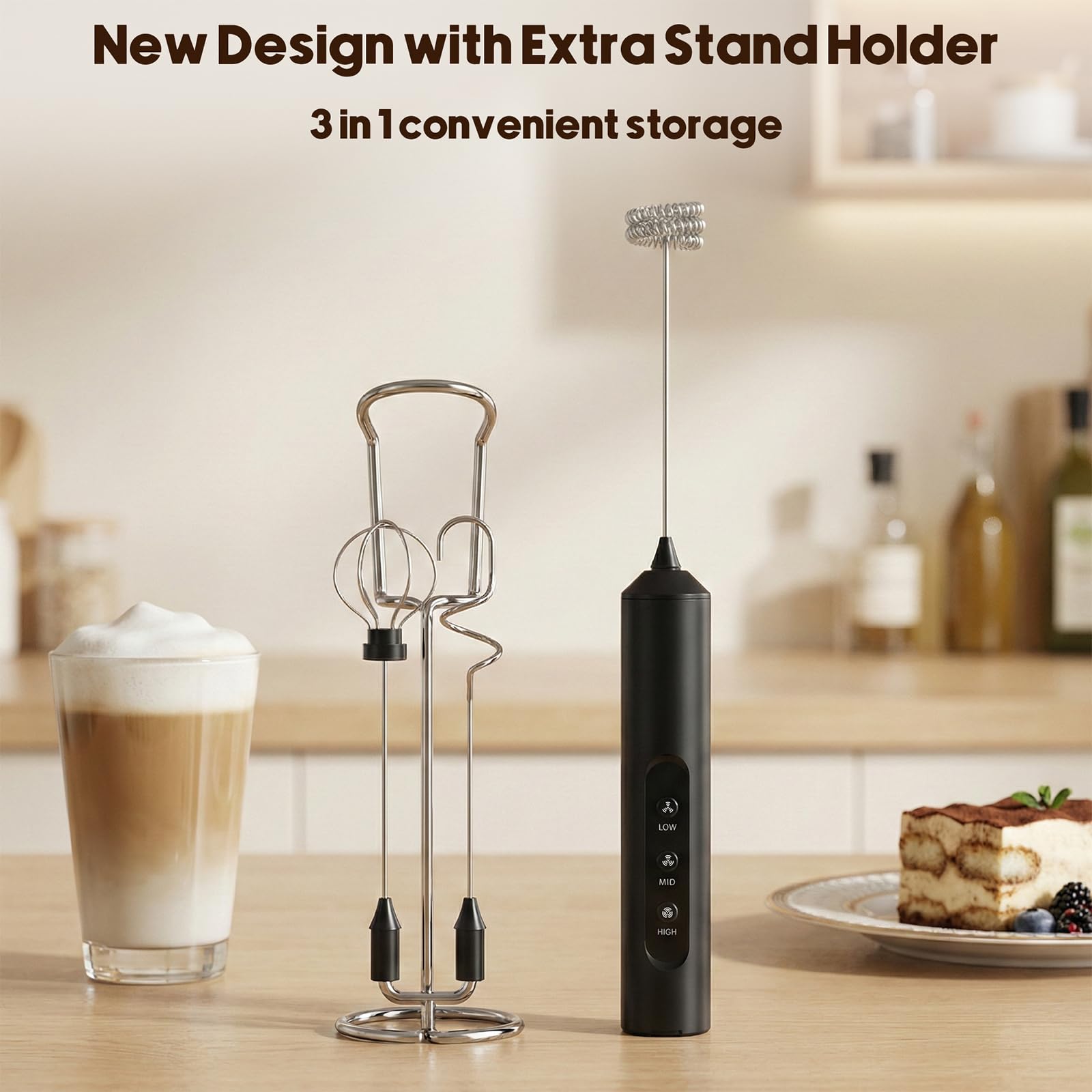 Espumador de leche recargable de mano con 3 velocidades, 3 batidores desmontables con soporte, varita mezcladora eléctrica de bebidas de café para capuchino, latte, matcha, chocolate caliente, huevos