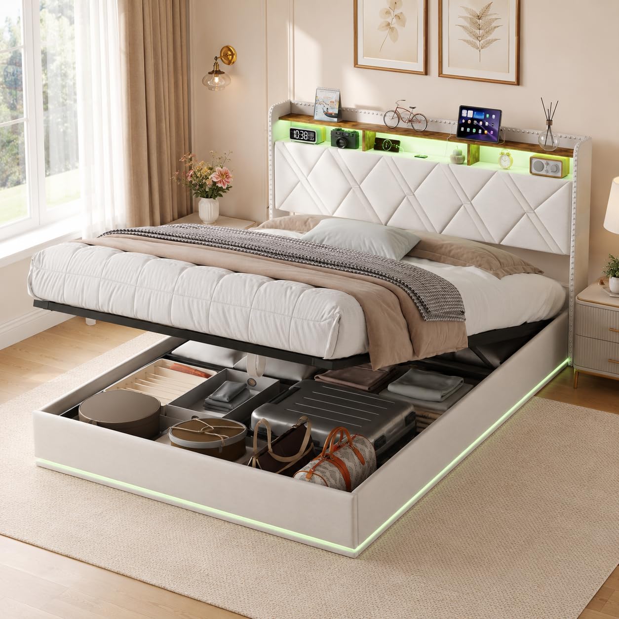 Letto 160x200 cm con vano portaoggetti e Sollevamento Idraulico Letto Contenitore con Illuminazione a LED e Stazione di Ricarica, Struttura Letto Matrimoniale Testiera Imbottita, senza materasso