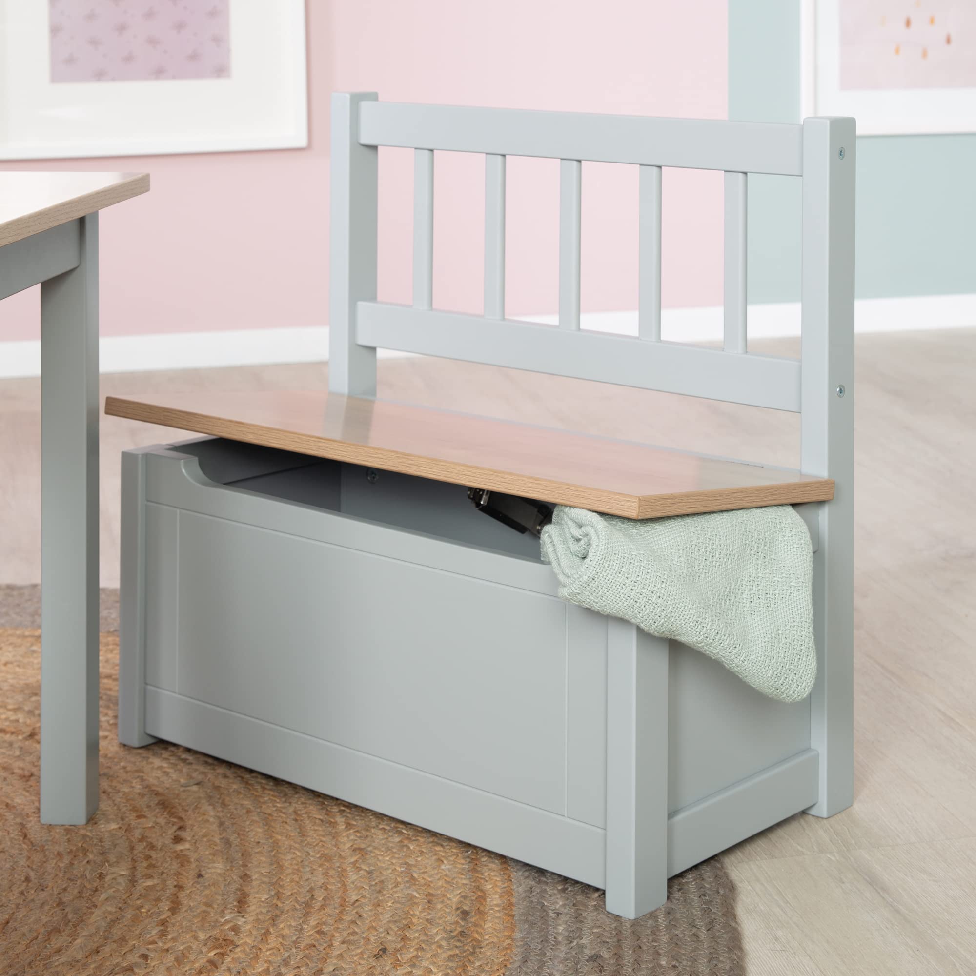 roba Kindertruhenbank Woody - Spielzeugtruhe in Holz Natur & Taupe lackiert - Kinderbank mit Deckelbremse & beschichteter Oberfläche