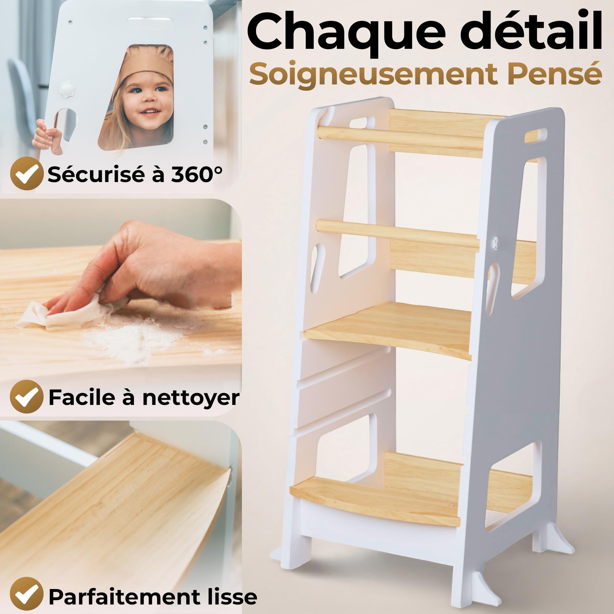 Bey&Co Tour d'Apprentissage Montessori en Bois – 3 Hauteurs Réglables, Surface Anti-Dérapante, Pieds Anti-Bascule – À Partir 12 Mois