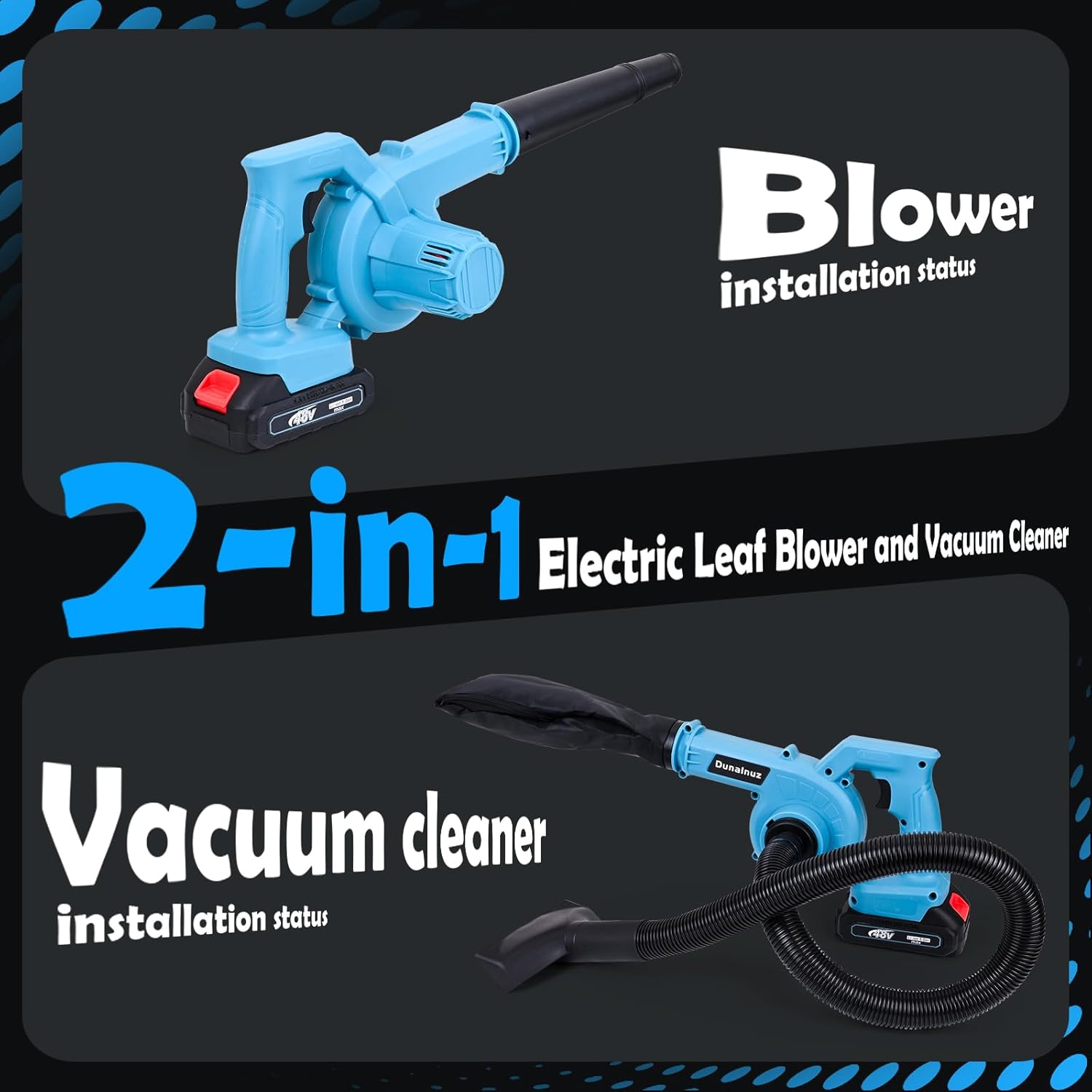 Leaf Blower Cordless with 2 x 24V 2.0Ah Battery and Charger, 150CFM 130MPH Electric 2 in 1 Handle Battery Powered Blowers for Lawn Care, Patio, Dust, Blue