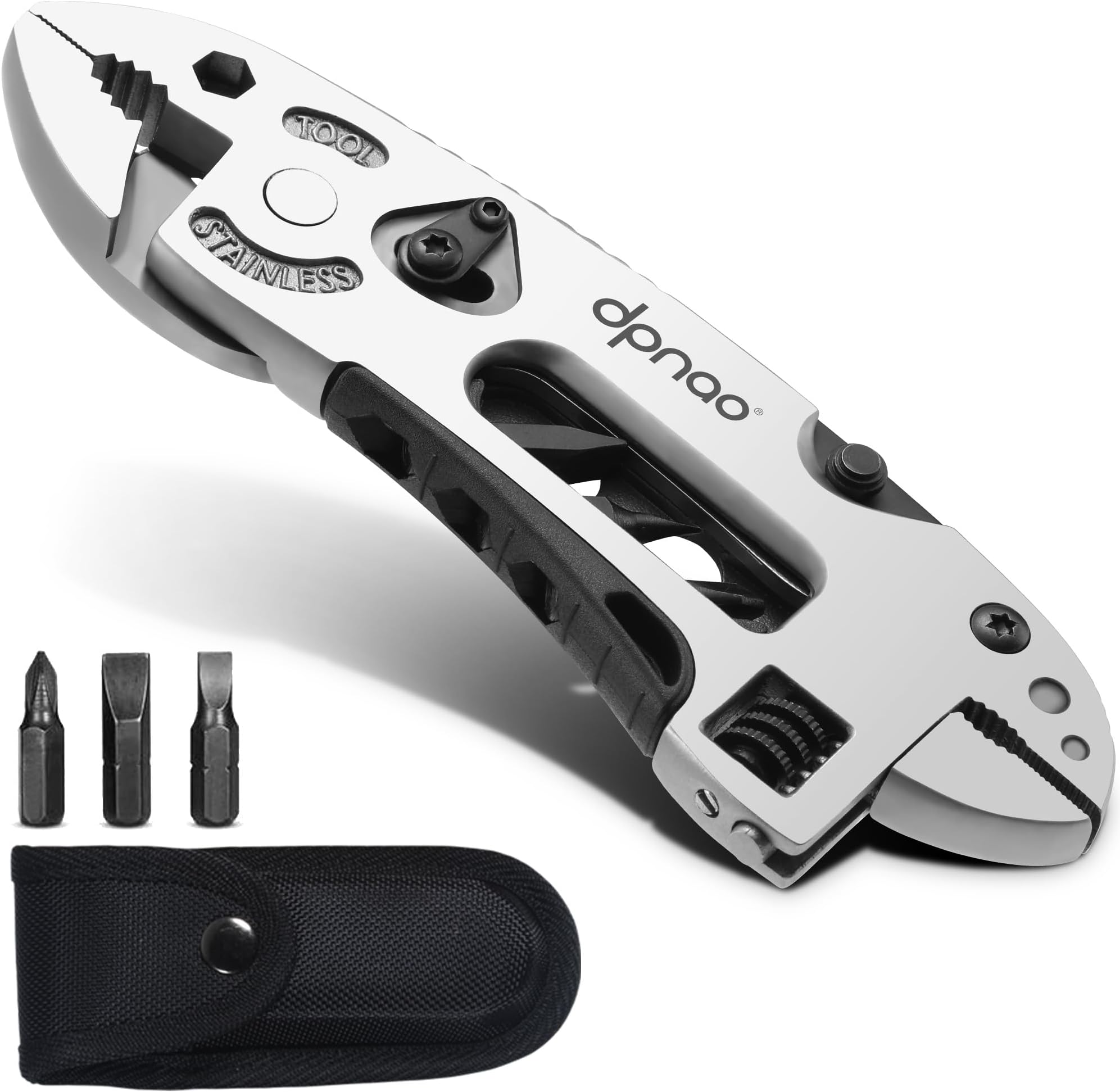 Multitool Wrench adjustable tool/5-in-1 stainless steel multifunctional pocket tool/cross wrench/screwdriver/pliers/portable folding knife with protective cover,outdoor camping,men's Christmas gift