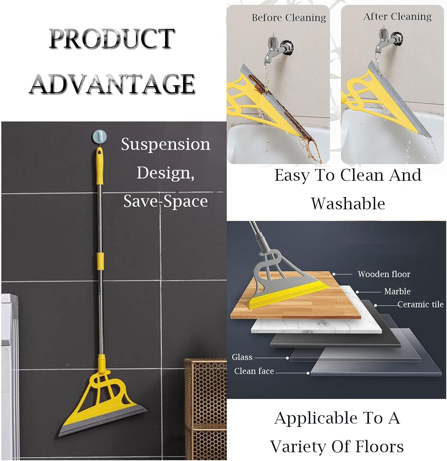 MALINOS Magic Broom Sweeper, Multifunctional 2 in 1 Rubber Easily Remove Water, Pet Hair, Dust, Window Cleaning (Yellow Pole Gray Bottom) : Health & Household