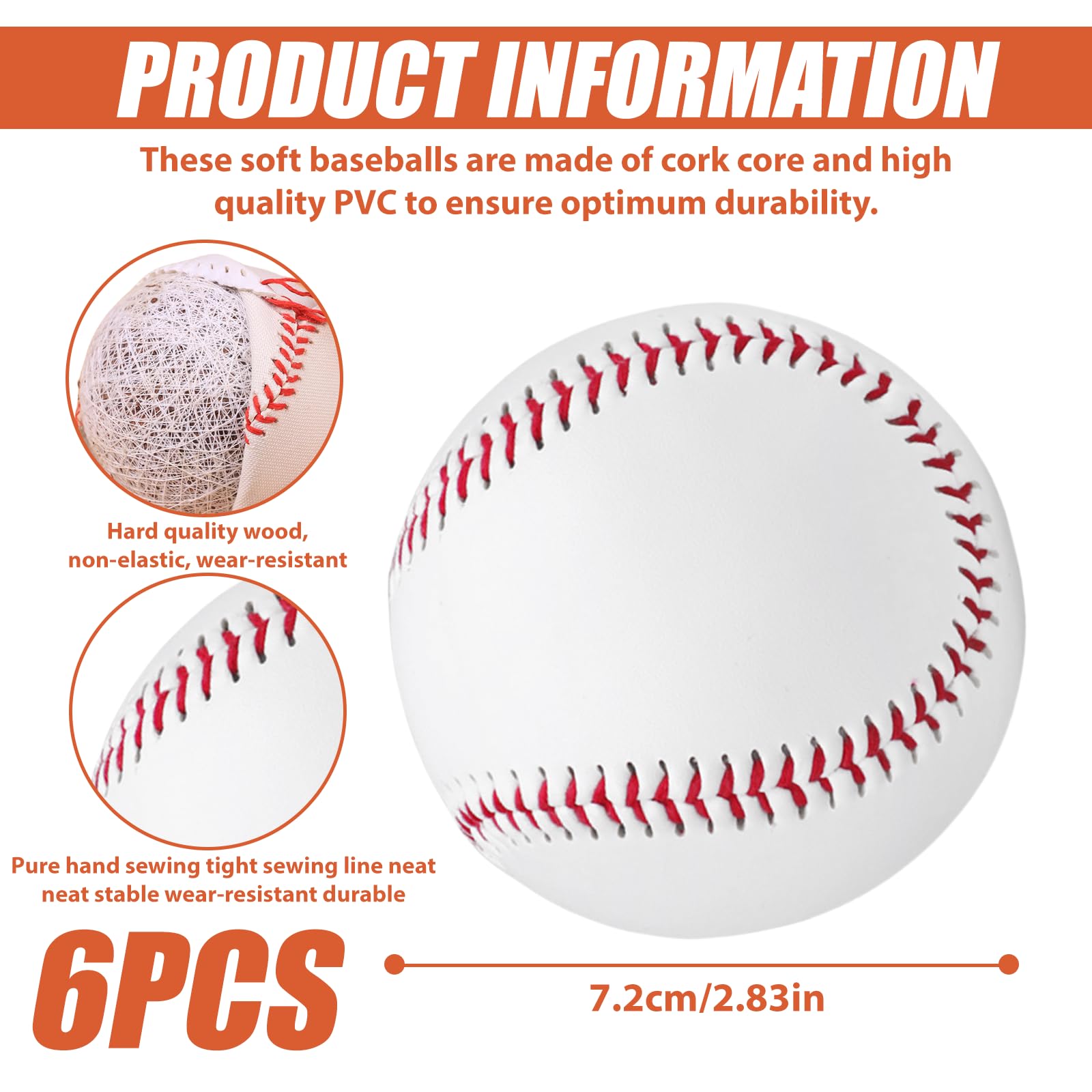 SPORWAY 6 Pezzi Palle da Baseball: 9" Pollici Fatti a Mano, Cucite a Mano, Morbide/Dure, per Allenamento Esercizio
