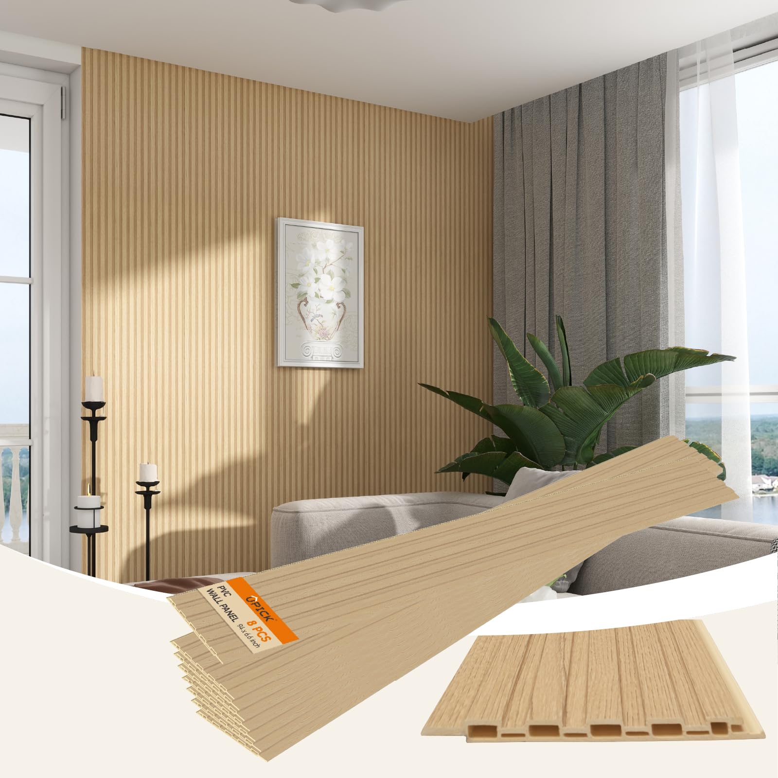 upick wpc slat wall panels, 8 pack 94 x 6.57 in 3d wood wall panels fluted textured for interior wall decor, oak