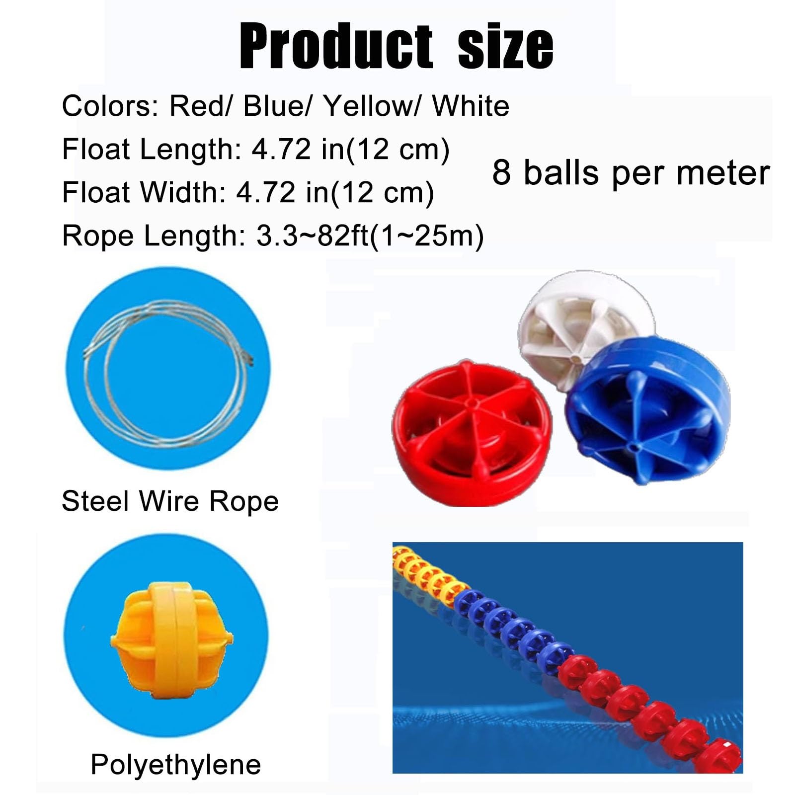 Generico Corda di Sicurezza Professionale per Piscina con Galleggiante da 5", divisore a Forma di Palla per Piscine da Competizione e Uso Esterno, Kit di Linea Galleggiante di Sicurezza Resistente da