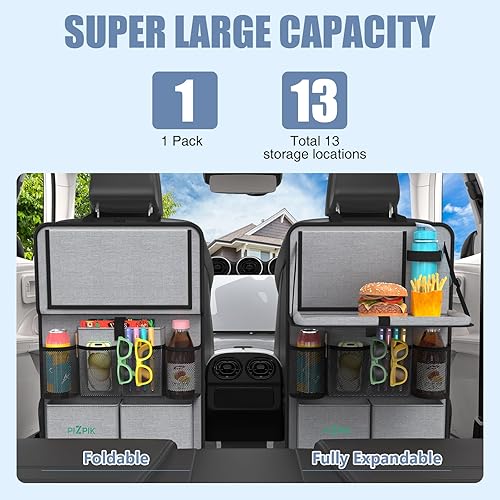 Miniatura 2 de Organizador de asiento trasero de automóvil con soporte para tableta, 11 bolsillos de almacenamiento con bandeja plegable para alimentos, protector