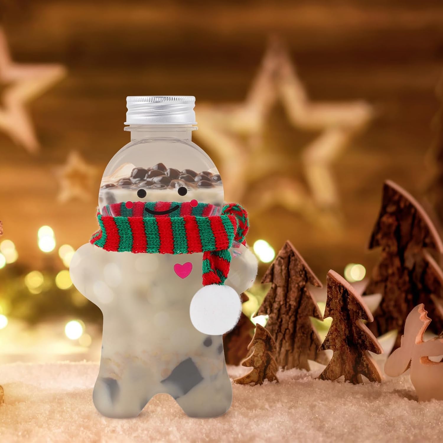 VILLCASE 10sets Christmas Gingerbread Man Reusable Bottles - Portable Plastic Candy Jars with Lids - Transparent Drink Containers for Juice and More for Holiday Parties 500ml