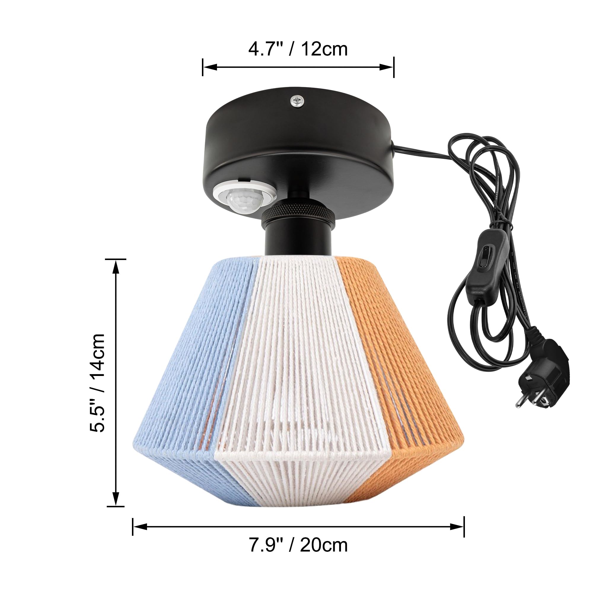 Lampada da soffitto con sensore di movimento interno, stile boho rattan, lampada da soffitto radar, sensore di movimento con cavo da 4,5 m e portalampada E27, per corridoio, bagno, scale,