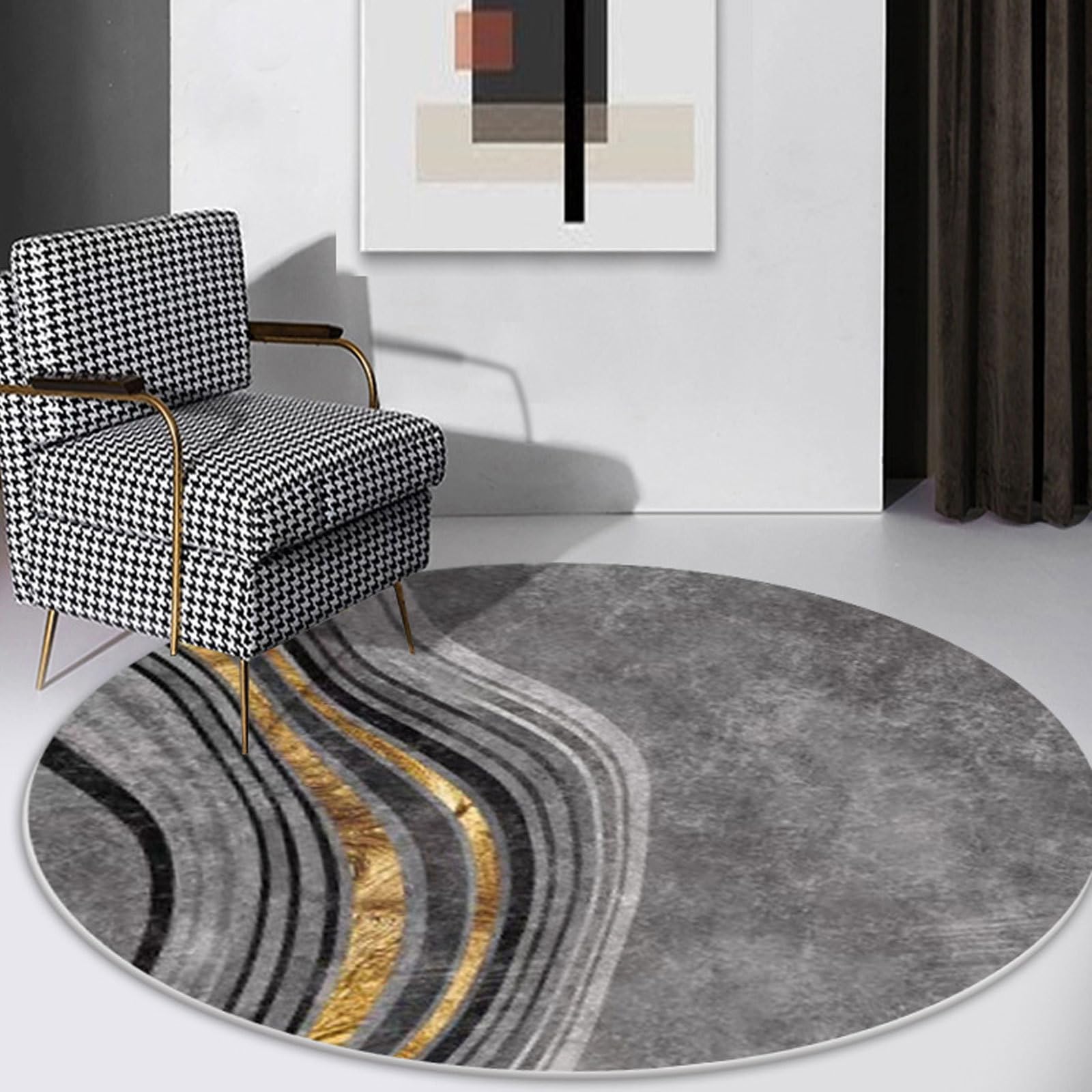 Yaaxinb Runder Teppich 70 cm Wohnzimmer Teppich weiche Kurze Flormatte rutschfest graugoldener Streifen Home & Kitchen