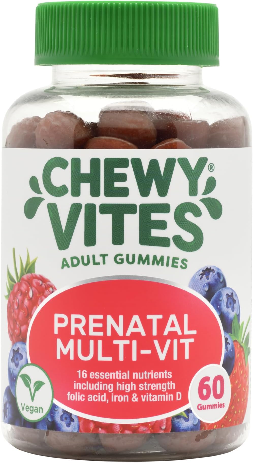 Women's Prenatal Multivitamin, 60 Multivitamin Gummies, 16 Essential Nutrients with Folic Acid, Iron and Vitamin D, 1 Month Supply, Vegan, Blueberry and Raspberry Flavour