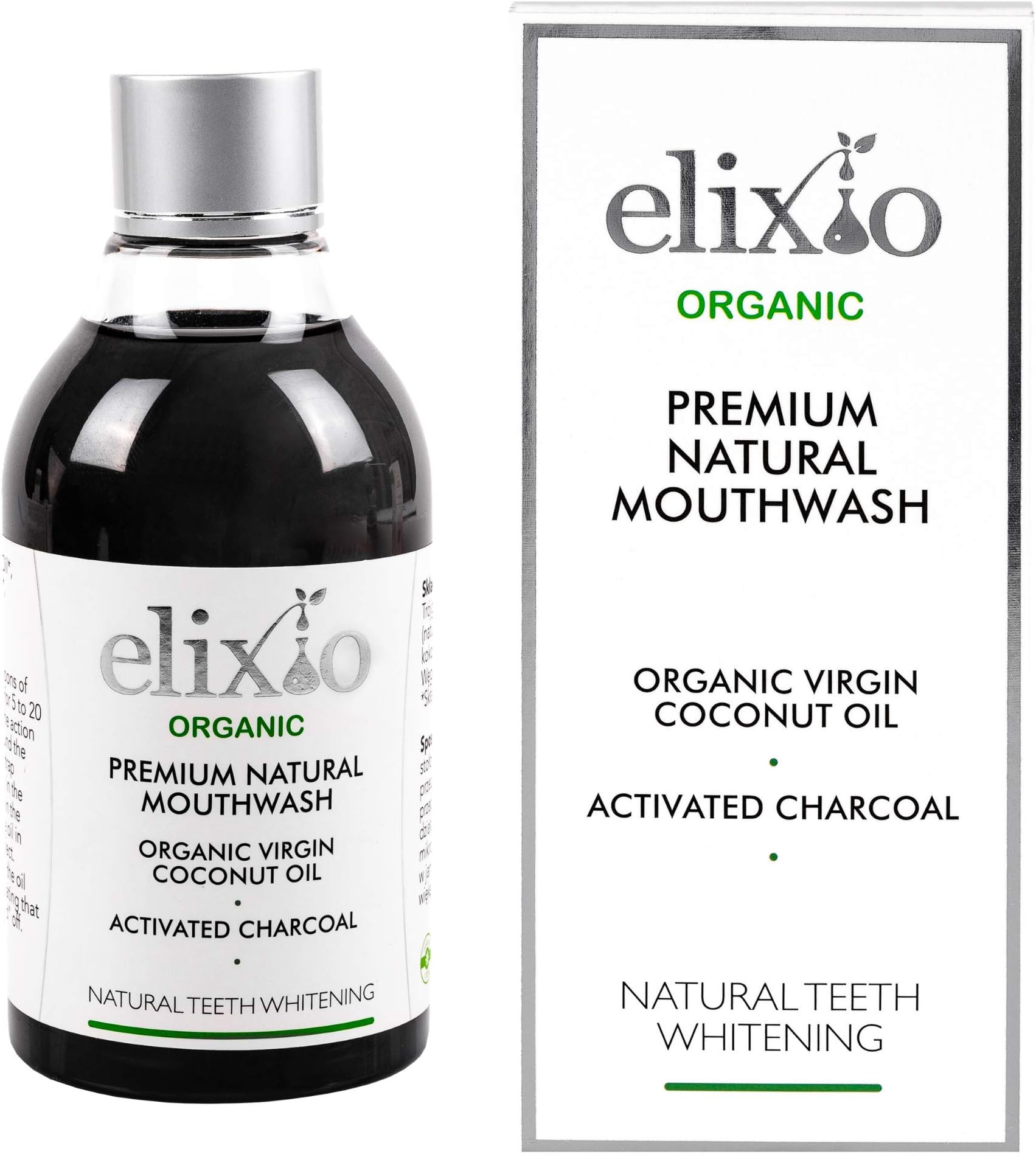 Oil Pulling Mouthwash - Fully Certified | Activated Charcoal and Organic Coconut Oil Blends - Natural Teeth Whitening 200ml Mouthwash | by elixio Cosmetics