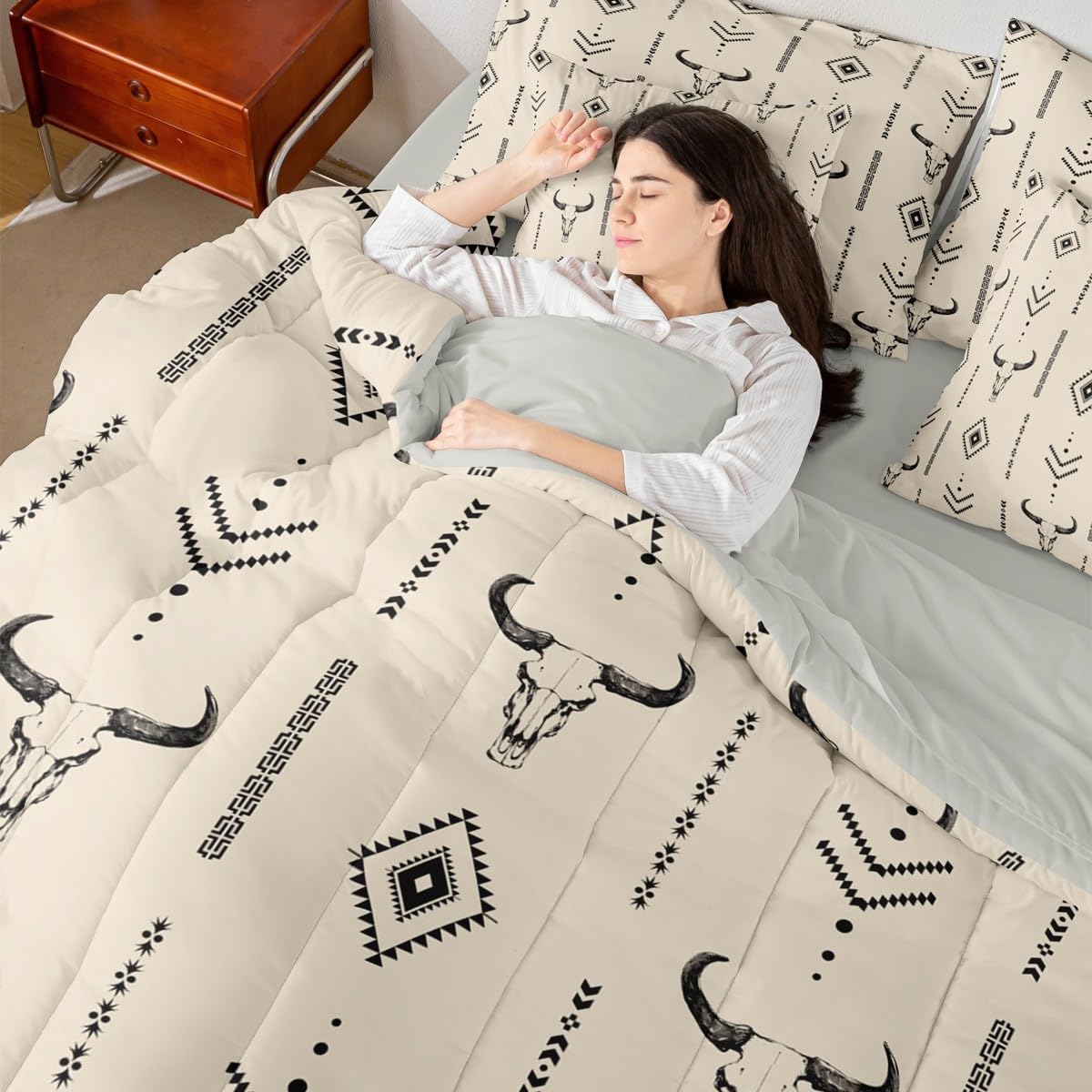 Geometric Western 7 Piece Comforter Set Full Bed In A Bag,Southwestern Bull Skull Bedding Sets for Teens Women Men,Cream Southwest Cow Skull Comforter And Sheets,Tribal Ethnic Horns Bed Set