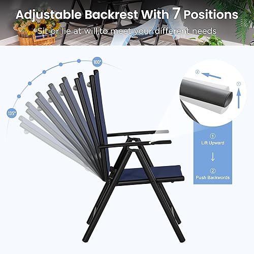 Miniatura 4 de PHI VILLA Juego de 2 sillas plegables para patio al aire libre, sillas de comedor ajustables para patio, sillas reclinables de respaldo alto con