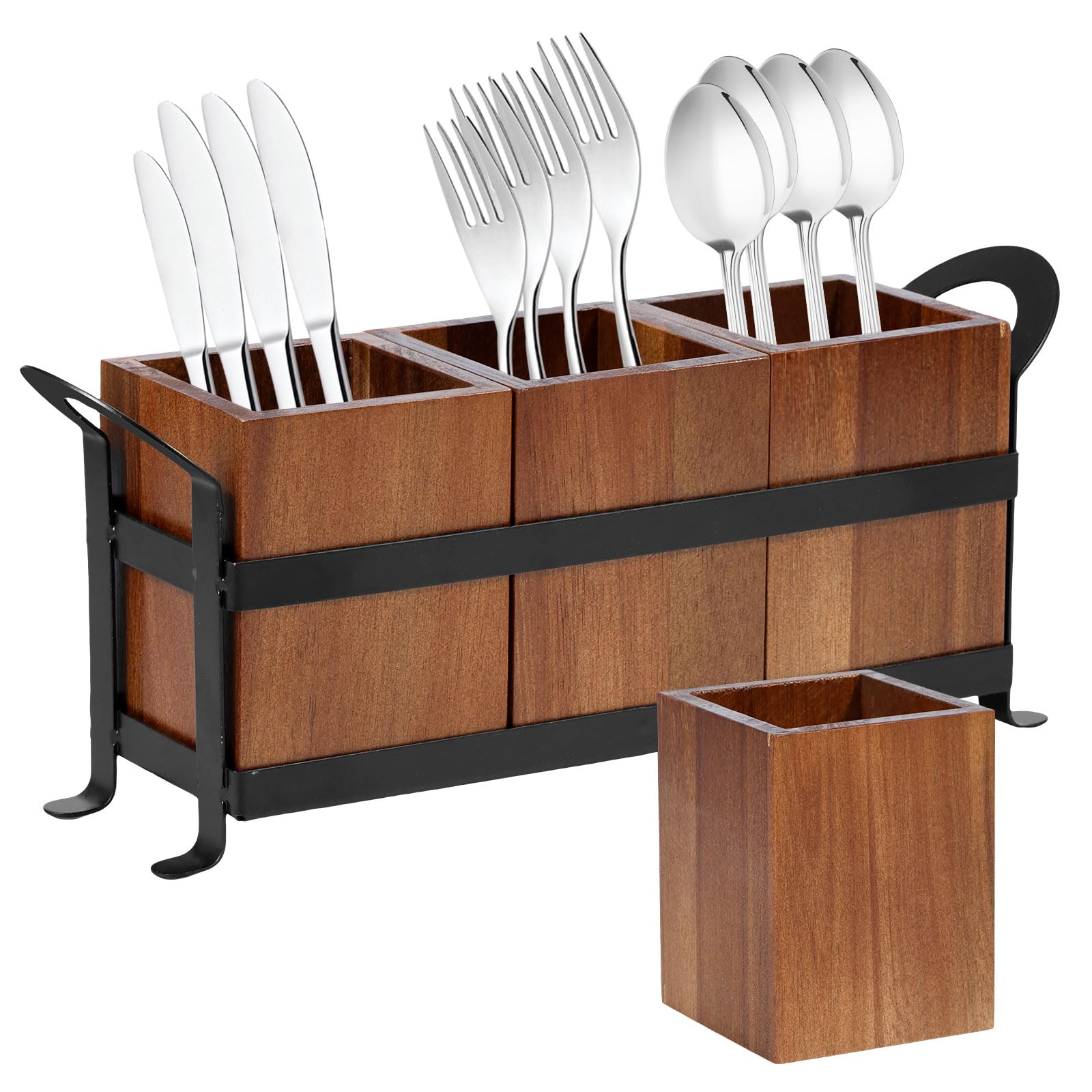 NIHUIFDPY Kitchen Utensil Holder, Rustic Wooden Cooking Utensil Organizer with 3 Removable Compartments and Stand, Countertop Cutlery Drying Holder, Cooking Tools Set Pots