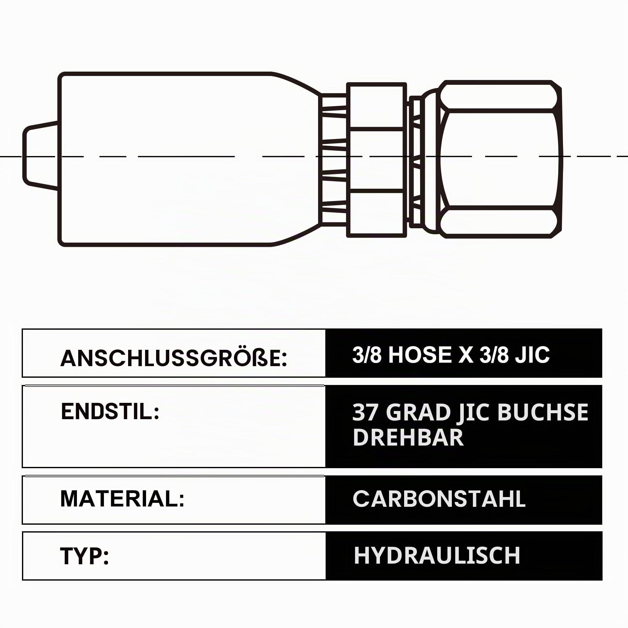 3/8 Zoll Schlauch x 3/8 Zoll JIC 37 Grad weiblich, drehbarer Hydraulikschlauch, Crimpverschraubungen, 10-teiliges Set für eindrahtige Hydraulikschläuche