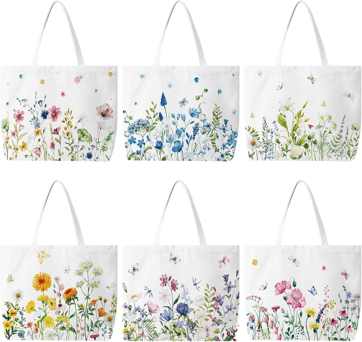 Bencailor 6 Pcs Spring Floral Canvas Tote Bags Bulk Flower Tote Gift Bags Reusable Aesthetic Wildflowers Shopping Grocery Handbags for Women Spring Gifts