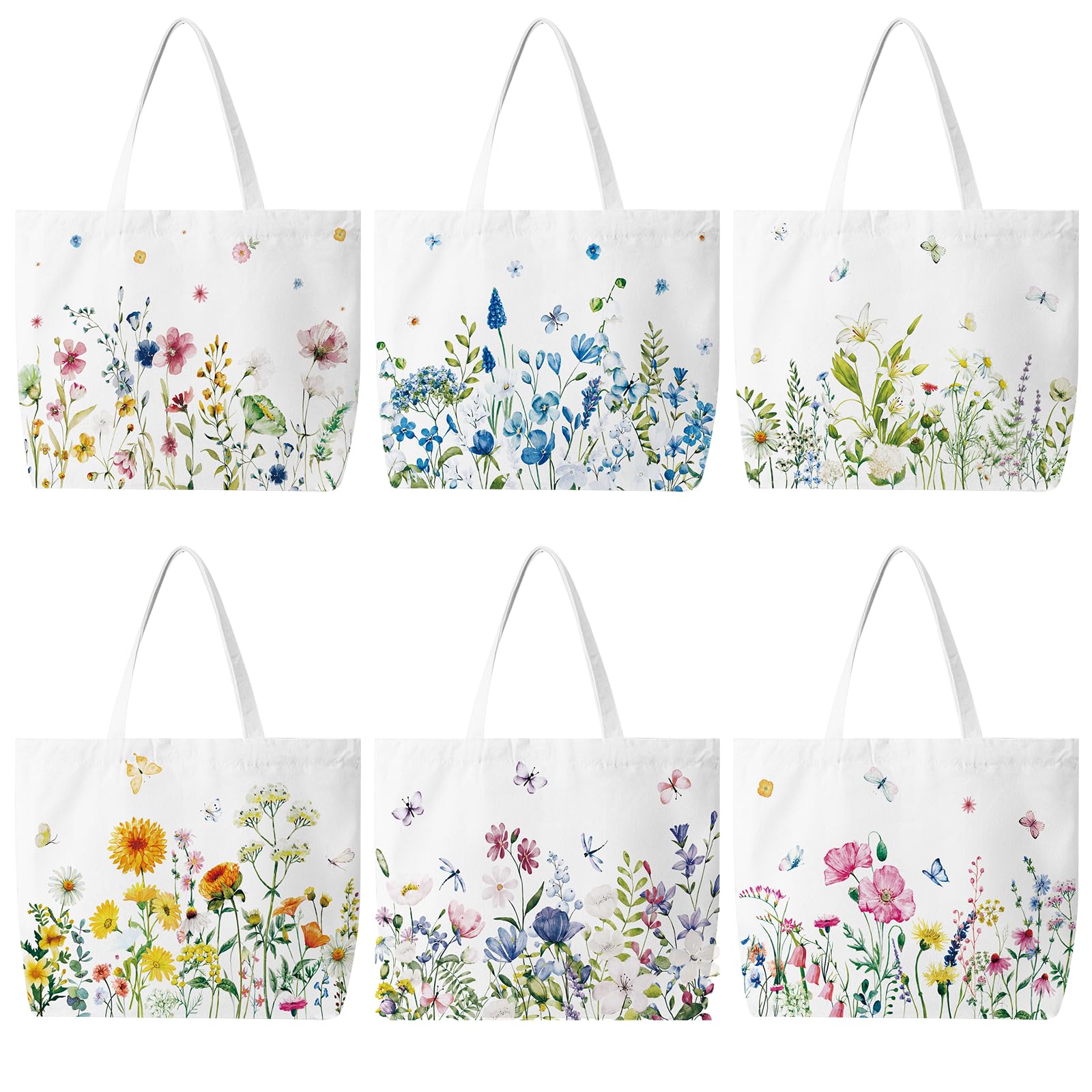Bencailor 6 Pcs Floral Canvas Tote Bags Bulk Summer Flower Tote Gift Bags Reusable Aesthetic Wildflowers Shopping Grocery Handbags for Women Gifts