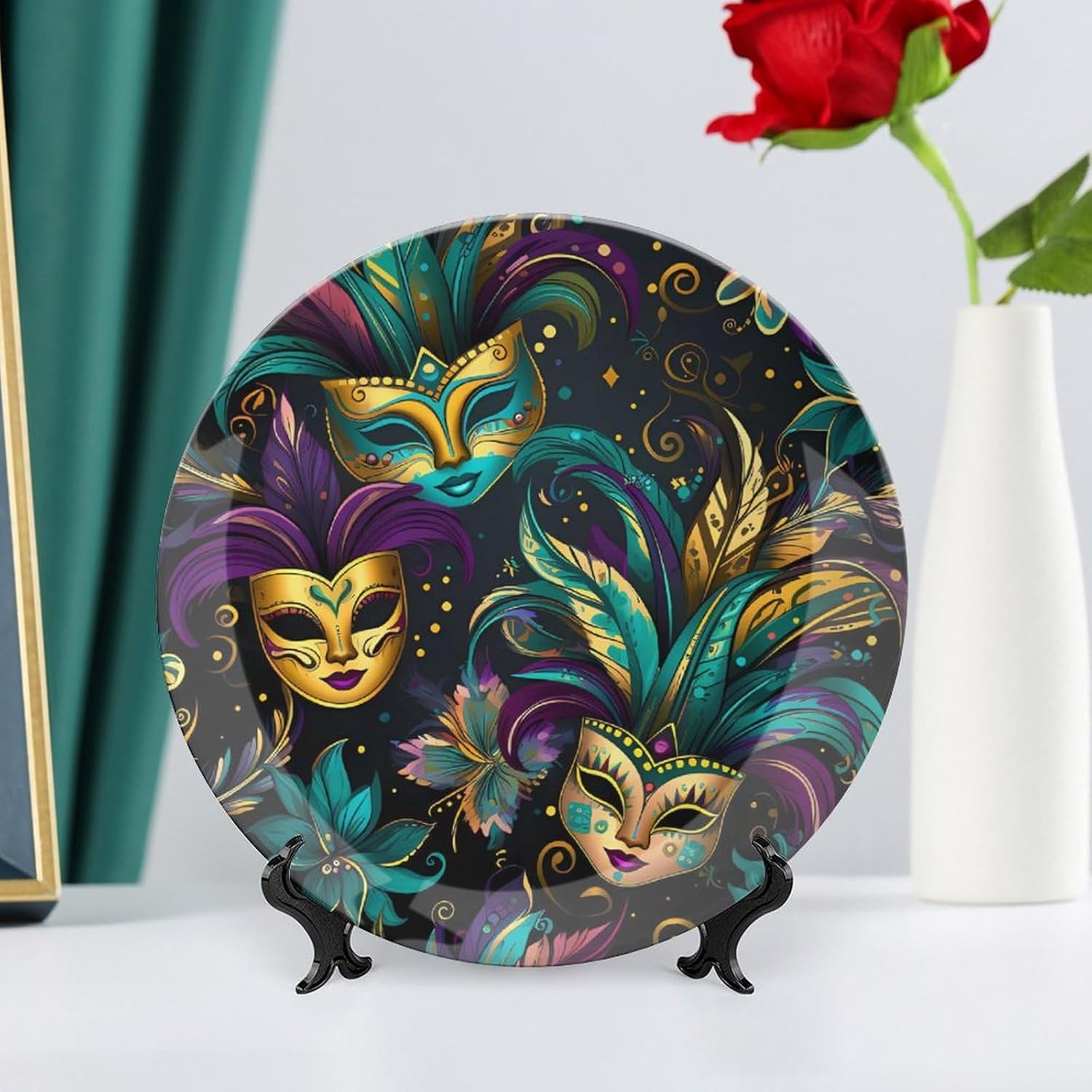 St. Patrick's Day Mardi and Gras Masks Ceramic Decorative Plates for Display Ornaments Dinner Plates with Stand for Kitchen Home Decor