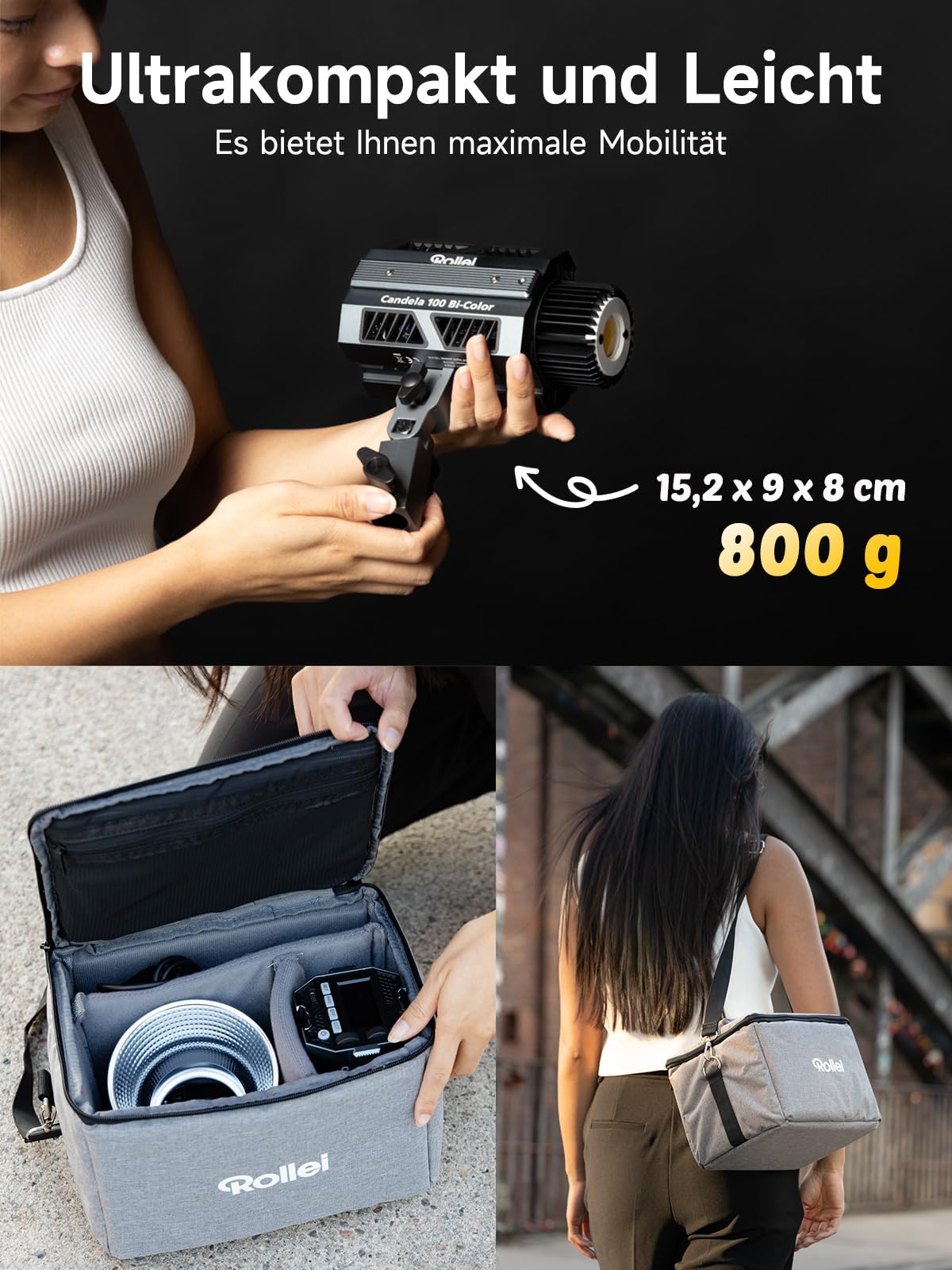 Rollei Candela 100 Bi Color Led Videolicht 100W 2700K~6500K Stufenlose Helligkeitsregulierung Dauerlicht Fotografie Ultrakompakt&Leicht 800g APP Smarte Bedienung, Videolicht-Fotolicht-Video-Light-LED